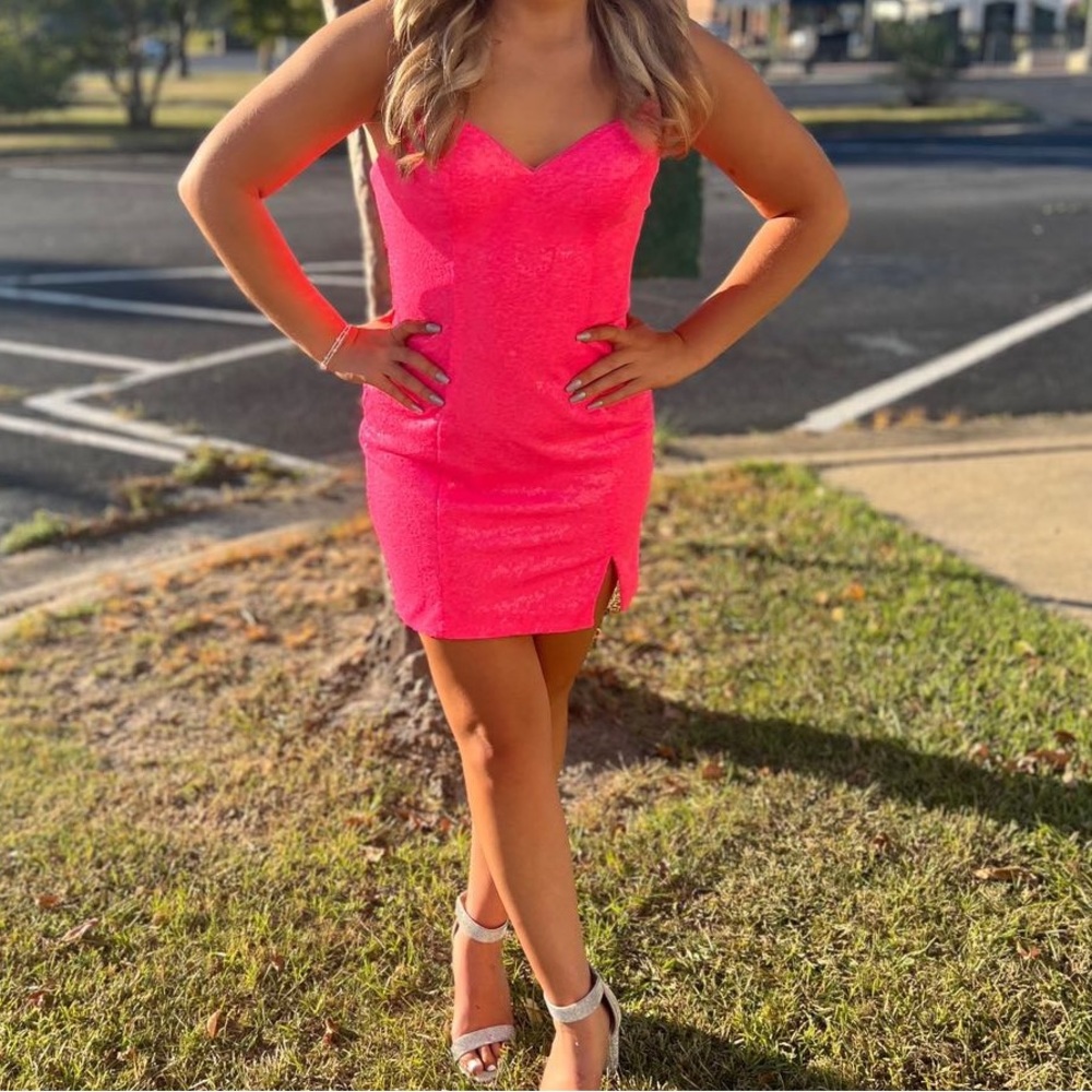neon pink short sequin fitted cocktail dress